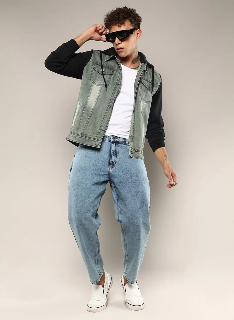 CAHOOT  Men's Grey & Black Light-Wash Denim Jacket With Sweatshirt Sleeve For Casual Wear | Hooded Neck | Long Sleeve | Button Closure | Cotton Jacket Crafted With Comfort Fit For Everyday Wear for Men | Best Price UAE